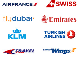 Airfrance, Swiss, Fly Dubai, Emirates, KLM, Turkish Airlines, TravelService, SmartWings